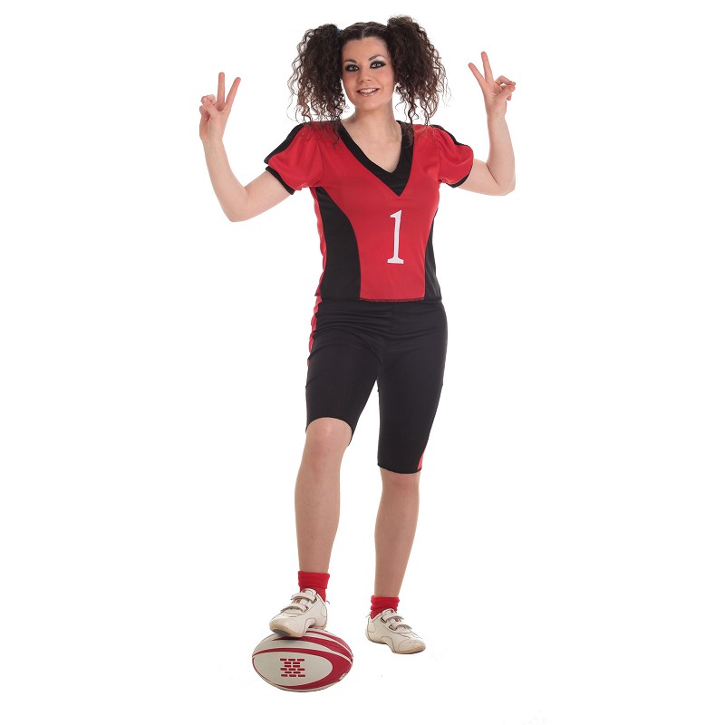 Plisado Monet franja Disfraz de Jugadora de Rugby Negro y Rojo para Mujer - MiDisfraz
