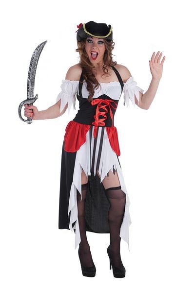 Disfraz Rojo y Negro de Pirata con Gorro para Mujer - MiDisfraz