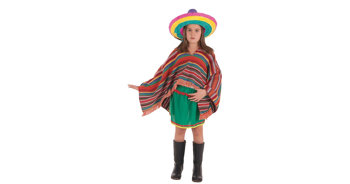 Más Ubicación Comunista Disfraz de Mexicana con Poncho y Sombrero para Niña - MiDisfraz