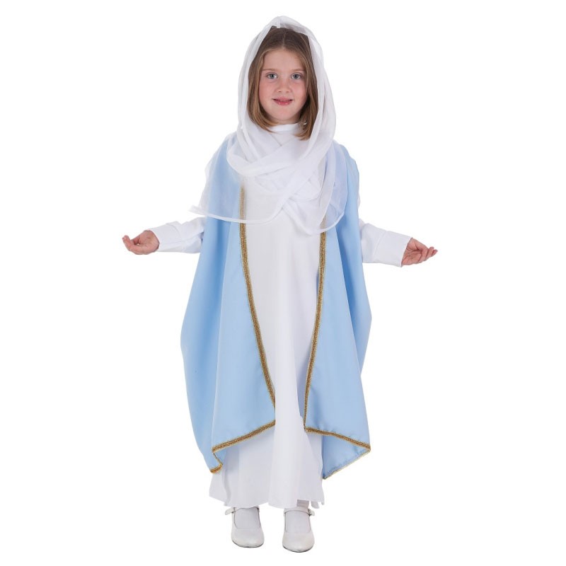 Matemático Gimnasia Sentirse mal Disfraz Blanco y Azul de La Virgen con Velo para Niña - MiDisfraz