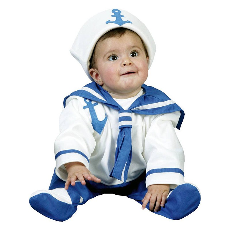 Pato luego Consultar Disfraz Blanco y Azul de Marinero con Gorro para Bebé - MiDisfraz